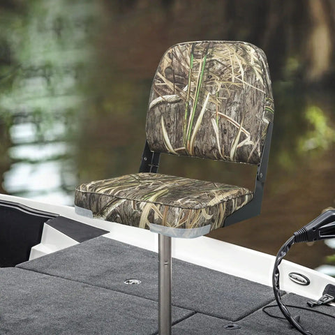 Padded Folding Boat Seat With Backrest For Bass Boats, camo design, dockside ready, mounted on boat deck, for fishing trips.