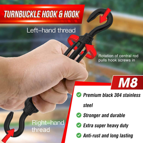 Hand adjusting M8 stainless steel hook and turnbuckle set for wire rope tension, black coated, weatherproof anti-rust gear