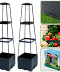 Two Pack Raised Garden Bed Tomato Planter Box With Trellis, 44.8 Inch Self Watering Cage shown with trellis and boxed packaging