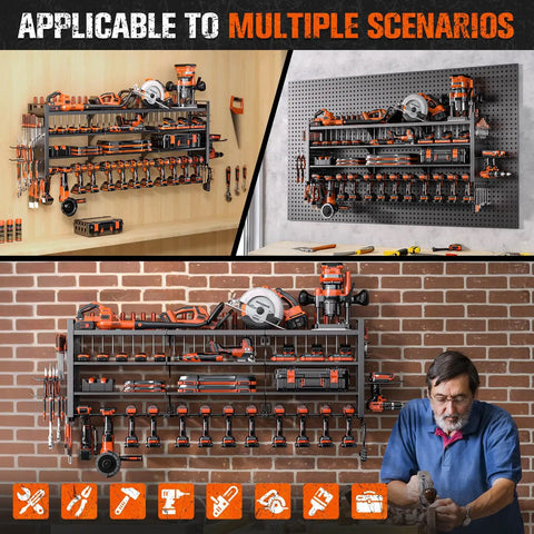 Forty Nine Point Eight Inch Wide Heavy Duty Power Tool Organizer Wall Mount With Four Layer Storage Rack And Fourteen Cordless Drill Holders For Garage Or Workshop Black shown in different settings