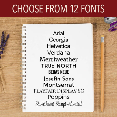 Kickass Custom Text Line Stamps With Self Inking Tech For Office And Home Personalized Rubber Stamp showing twelve font choices.