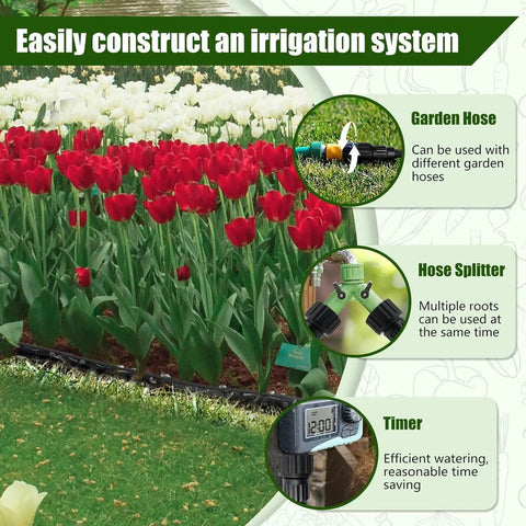Heavy Duty Double Layer Soaker Hose For Drip Irrigation That Saves 80 Percent Water, installed in garden with flowers