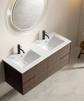 HAOCHRYSYPH Double Bowl Ceramic Sink, Milk White, 47.64 x 18.12 x 6.7 in. top view with modern faucet and vanity.