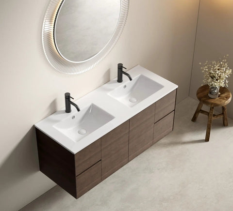 HAOCHRYSYPH Double Bowl Ceramic Sink, Milk White, 47.64 x 18.12 x 6.7 in. top view with modern faucet and vanity.