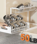 L Shaped Under Sink Organizer Featuring Smooth Operator Glides And Pipe Friendly Layout That Fits Snug In Tight Corners While Boosting Storage Capacity Straight Up with weights.