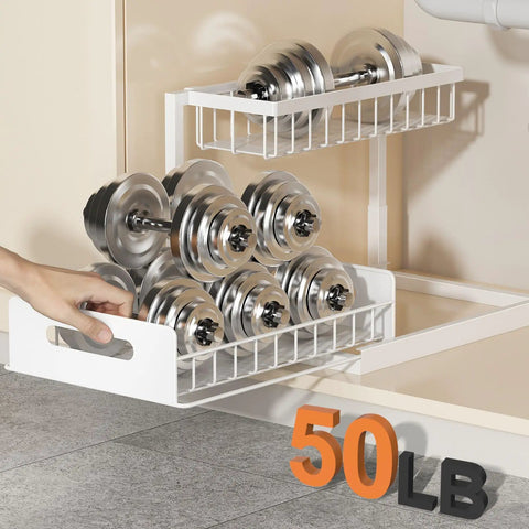 L Shaped Under Sink Organizer Featuring Smooth Operator Glides And Pipe Friendly Layout That Fits Snug In Tight Corners While Boosting Storage Capacity Straight Up with weights.