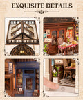 Close-up of DIY Book Nook Kit European Arcade Street Scene With LED Lighting 3D Wooden Puzzle Miniature House details