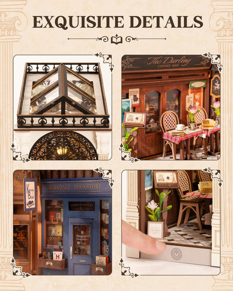 Close-up of DIY Book Nook Kit European Arcade Street Scene With LED Lighting 3D Wooden Puzzle Miniature House details