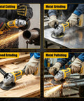 Heavy Duty Cordless Angle Grinder Compatible With Twenty Volt Batteries For Kickass Metal Cutting Grinding And Polishing in action on various metal and wood surfaces.