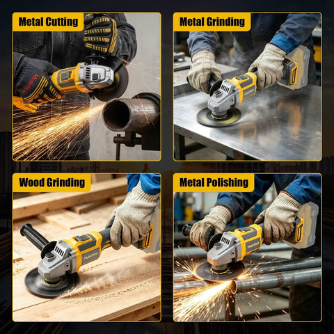 Heavy Duty Cordless Angle Grinder Compatible With Twenty Volt Batteries For Kickass Metal Cutting Grinding And Polishing in action on various metal and wood surfaces.