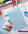 8 Pack Colored Transparent Sticky Notes with Lined Translucent Sheets 4x6 Inches on book with water droplets and hand wiping