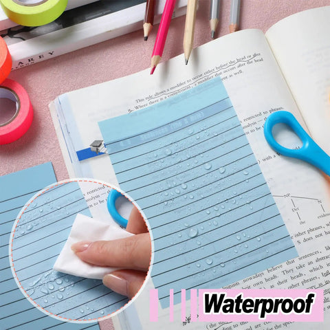 8 Pack Colored Transparent Sticky Notes with Lined Translucent Sheets 4x6 Inches on book with water droplets and hand wiping