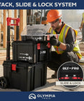Modular Tool Box Storage System With Rolling Stackable Drawers For Garage Or Truck Heavy Duty Plastic Organizer With All Terrain Wheels Black Perfect For Pro Builders And DIY Enthusiasts On The Go with slide-and-lock system on construction site.