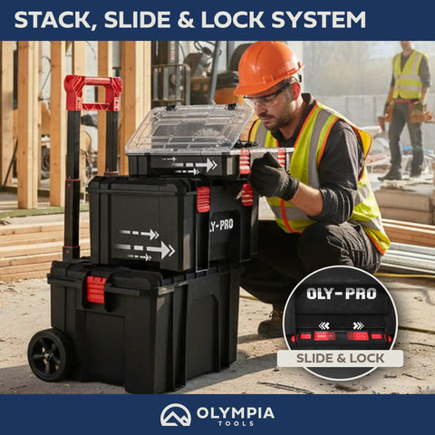 Modular Tool Box Storage System With Rolling Stackable Drawers For Garage Or Truck Heavy Duty Plastic Organizer With All Terrain Wheels Black Perfect For Pro Builders And DIY Enthusiasts On The Go with slide-and-lock system on construction site.