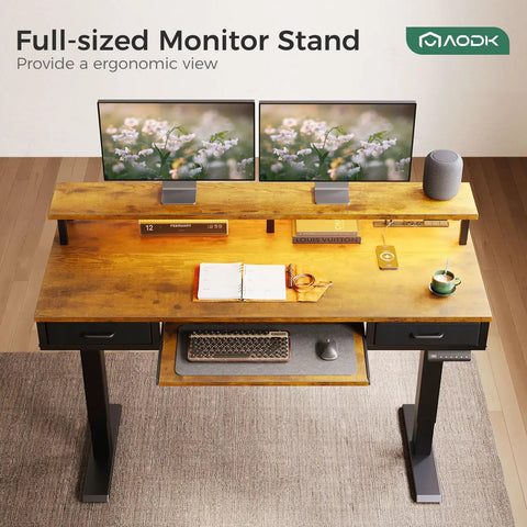 Electric Standing Desk With Drawers And Keyboard Tray, 55 Inch Height Adjustable Gaming Desk With Power Outlets And LED Lighting, Sit Stand Table With Monitor Stand For Home And Office, Rustic Brown