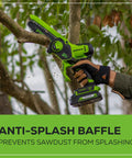 Ultra Compact 24V Cordless Mini Chainsaw Featuring 6 Inch Cut Bar in action, cutting branches, with anti-splash baffle.