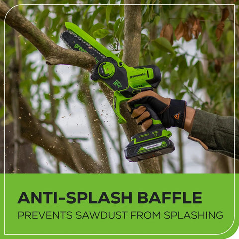 Ultra Compact 24V Cordless Mini Chainsaw Featuring 6 Inch Cut Bar in action, cutting branches, with anti-splash baffle.