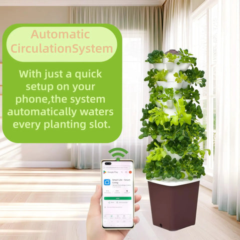 35-Pod Hydroponic Vertical Garden Tower For Indoor And Outdoor Growing, 7-Layer System With Smart Timer Watering in a room