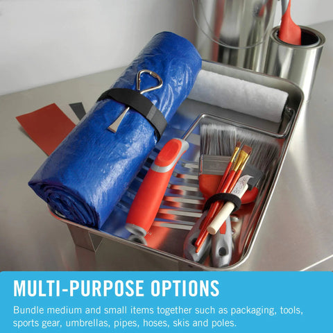Bulk Pack Reusable Cable Straps With Buckles 8In 12In 18In cinching tools and tarp neatly in a tray for organized workspace.