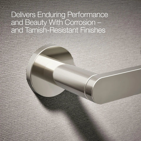 Close-up view of Composed Wall Mounted Pivoting Toilet Paper Holder in Vibrant Polished Nickel, rust-resistant and sleek design.