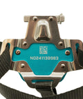 Foot Ascender With Toothless Dual Cams For Reduced Wear And Drag On Climbing Line close-up showing metal frame and buckle