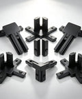 Awesome V Slot Aluminum Corner Brackets For 20 Series Extrusion Frames, black connectors in an arranged layout, heavy duty zinc alloy.