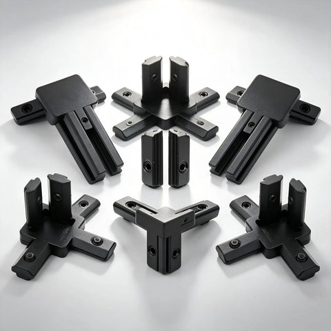 Awesome V Slot Aluminum Corner Brackets For 20 Series Extrusion Frames, black connectors in an arranged layout, heavy duty zinc alloy.