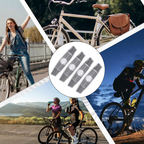 Collage of cyclists using 4 Pack Bike Wheel Reflectors For Night Riding Bicycle Spoke Reflectors For Mountain And Road Bikes.