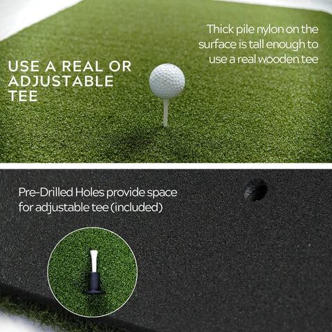 High Density 3x5 Ft Golf Practice Mat With Real Tee Compatibility showing nylon turf and pre-drilled hole for tee