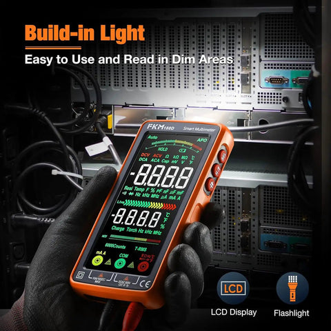 Handy Digital Multimeter With Auto Ranging And Smart Mode 6000 Count TRMS Rechargeable Voltmeter in use with server rack