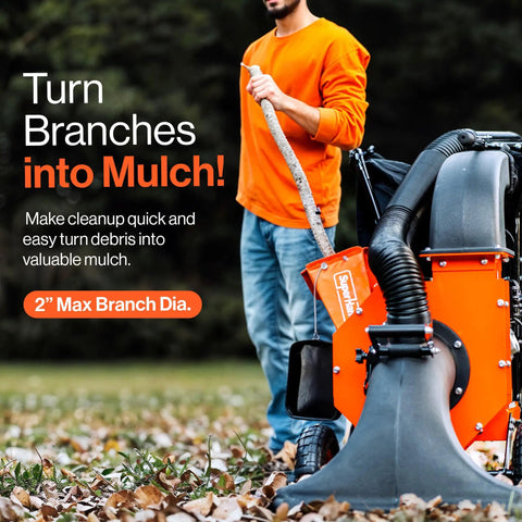 Man using Awesome Walk Behind Gas Leaf Vacuum Mulcher Chipper With Seven HP 209 CC Engine Ten To One Mulch Ratio