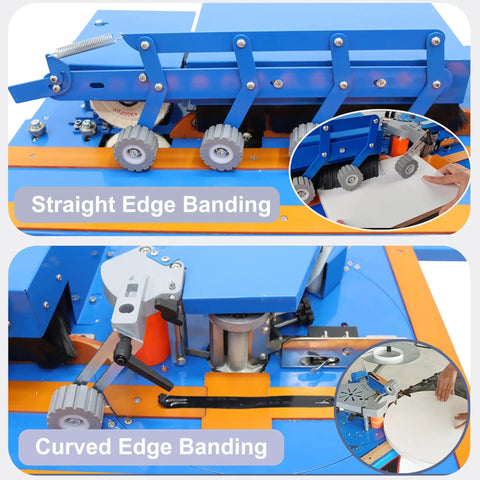 Grab This Badass Automatic Woodworking Edge Bander Countertop Edge Banding Machine For Curved And Straight Pieces With Digital Control Panel and Adjustable Speed, showcasing straight and curved banding features.