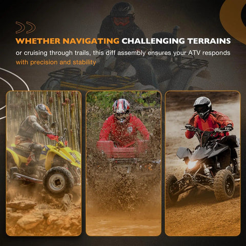 ATVs on challenging terrains showcasing Beefy Rear Final Gear Differential Assembly For Rancher 350 And Rancher 400 ATV Models 2000 To 2007 Fits 4x4 And 2x4 Variants Heavy Duty Final Drive Gear Set For TRX350FE FM TE TM And TRX400FA FGA