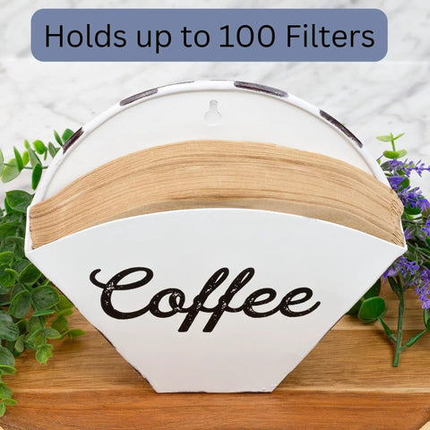 Enamelware Coffee Filter Holder Wall Mount Cone Shaped White Vintage Farmhouse Style Filter Storage Container With Distressed White Finish And Black Lettering For Classic Kitchen Organization
