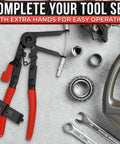 Hose clamp pliers tool with red and black handles and ratchet mechanism, carbon steel automotive tool, front view