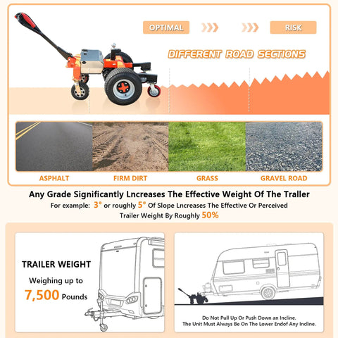 Heavy Duty Electric Trailer Dolly 7500 Lbs Capacity with all-terrain wheels shown on different road surfaces including asphalt.