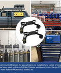 Collage featuring Two Pack Propane Tank Bracket Wall Mounted Cylinder Holder With Six Point Six Foot Ratchet Straps used in various setups