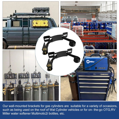 Collage featuring Two Pack Propane Tank Bracket Wall Mounted Cylinder Holder With Six Point Six Foot Ratchet Straps used in various setups