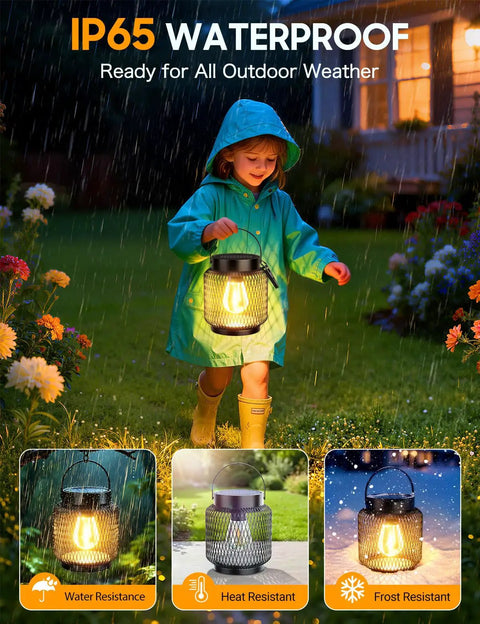 Child holding Metal Outdoor Solar Lanterns 2 Pack Waterproof Hanging Lights For Yard Patio Path Garden Decor Up To 15 Hours