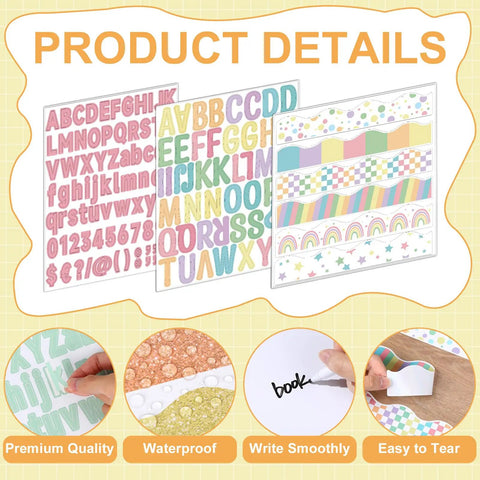 Totally All In One Science Fair Board Kit With 72 Glitter Candy Borders and 8 Letter Sticker Sheets showcasing product details.