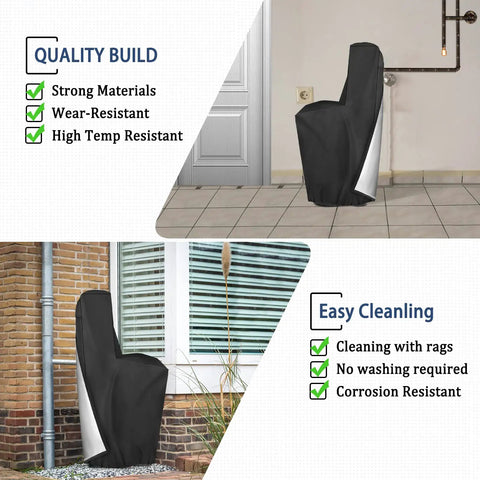 Water Softener Cover 600D Waterproof Oxford Cloth Built Tough Outdoor All Weather Protection Grey 64in H x 40in W x 16in D shown indoors and outdoors.