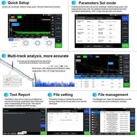 Software interface showing settings for All In One Handheld OTDR Fiber Optic Tester for field techs, including setup and analysis options.