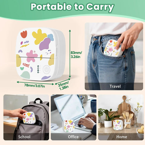 Portable Mini Sticker Printer With Bluetooth Inkless Thermal Technology, colorful design, fits in a pocket, multi-use settings.
