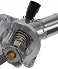 Bombproof Engine Coolant Thermostat Housing Assembly And Water Outlet Direct Fit Replacement showing silver metal construction and spring.