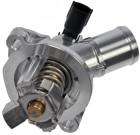 Bombproof Engine Coolant Thermostat Housing Assembly And Water Outlet Direct Fit Replacement showing silver metal construction and spring.