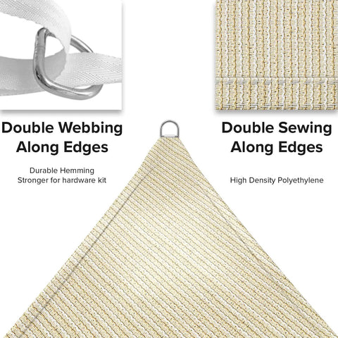 Close-up of Beige 18x20 Foot Rectangle Sun Shade Sail Canopy showing heavy duty 195GSM HDPE fabric and D ring corners.