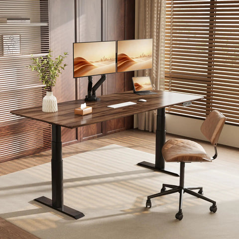 Straight Up Premium Motorized Height Adjustable Standing Desk With Heavy Duty Matte Black Frame And Legit Solid North American Black Walnut Desktop in modern office setup