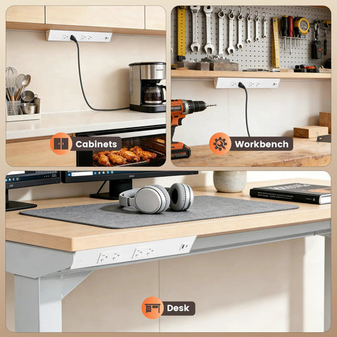 Under Cabinet Hardwired Power Strip With 16 Inch Angled Trapezoid Design 2 20A TR Outlets USB A And USB C shown under cabinets, workbench, desk