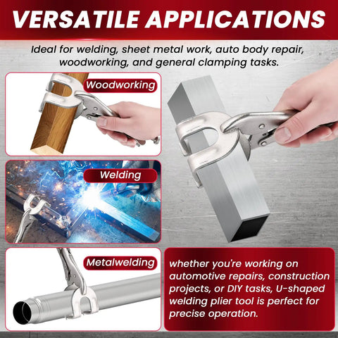 No Sweat 9 Inch Locking Pliers Set With U Shaped Welding Clamps And Heavy Duty Sheet Metal Holders Perfect For Metalworking Shops Garage Projects And Custom Auto Frame Fabrication 4 Pack showing versatile applications for welding and woodworking.