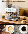 Kickin Home Espresso Maker With Built In Conical Burr Grinder And Fast Steam Wand Milk Frother on kitchen counter with coffee.